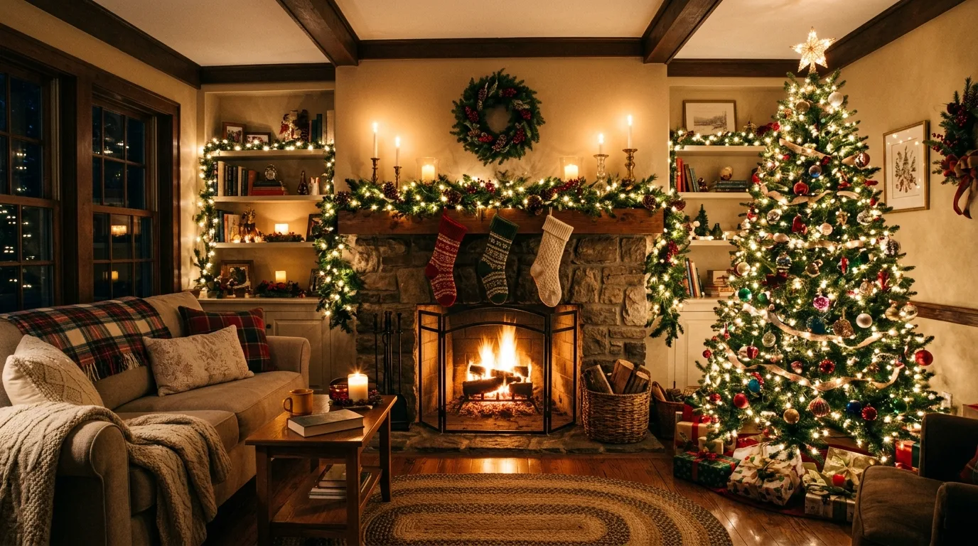 Cozy indoor Christmas decorations creating a warm festive home.